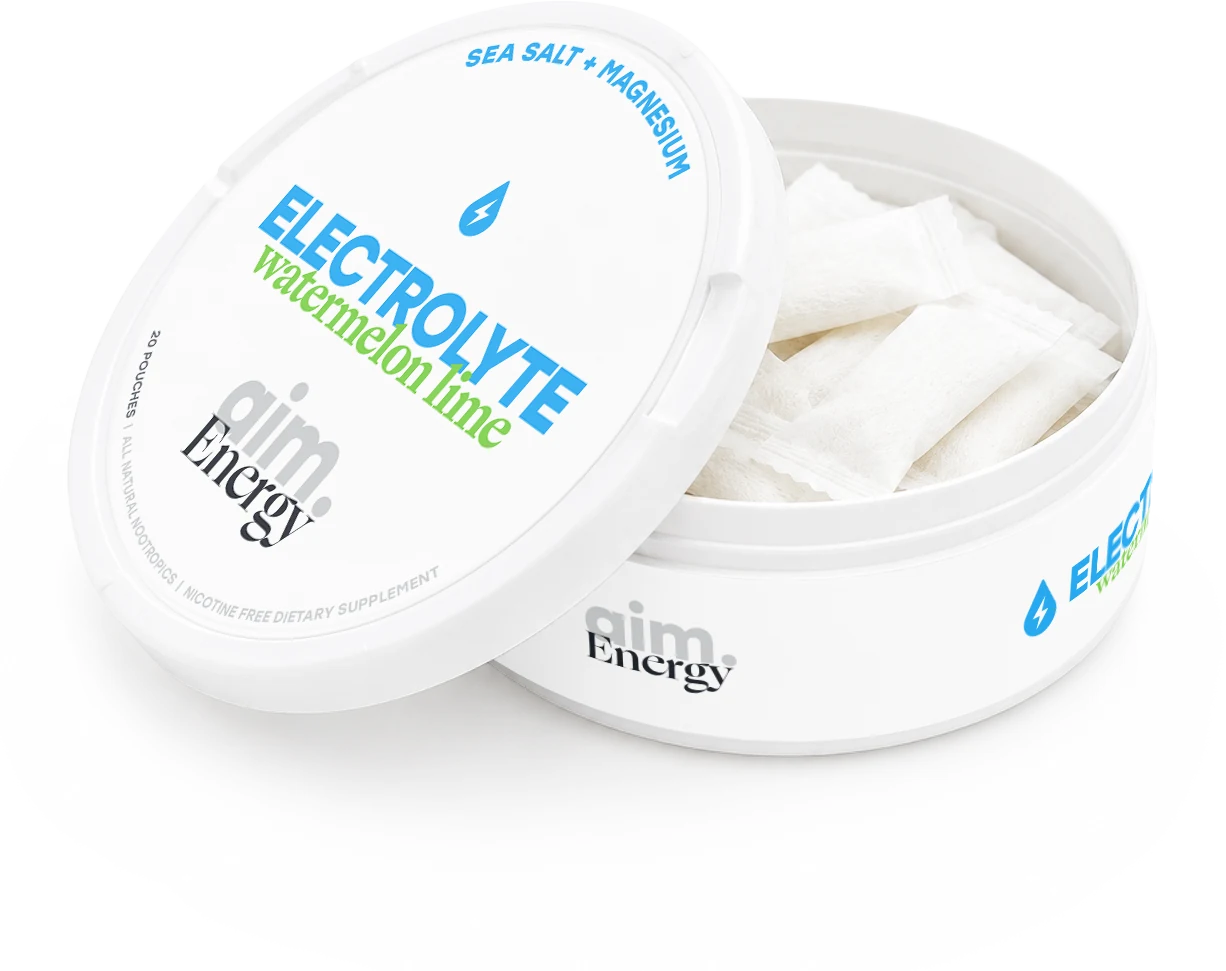 Open AIM Electrolyte tin showing the soft pouches inside